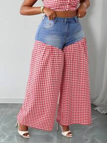 Slaydiva Quần jean ống rộng kẻ caro vá lỗi cho nữ cỡ lớn - Nhiều màu - Xem 5