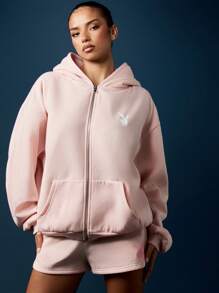 Missguided x Playboy Bunny Ear Zip Through Hoodie With Rabbit Hood Pastel Sweatshirt Fall Winter Loungewear Cute Kawaii Design Oversized Long Sleeve Fashion Statement - Pink - View 5