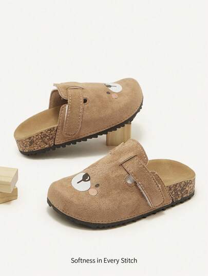 Cozy Pixies 休闲轻便百搭棕色泰迪熊图案可爱一脚蹬平底婴儿拖鞋，适合春夏季