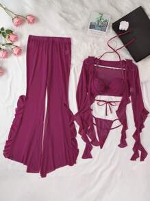 4pcs French Romantic Ruffle Sexy Lingerie Set, Going Out - Red Violet - View 6