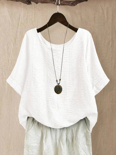 Linhara 大码女式圆领休闲/日常/户外/简约/度假纹理草绿色套头衫，春夏