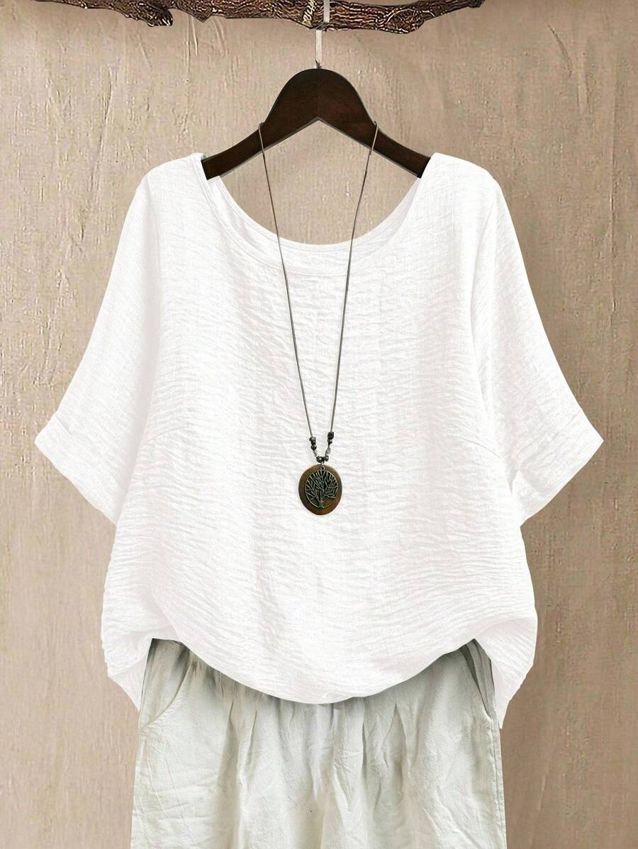 Linhara 大码女式圆领休闲/日常/户外/简约/度假纹理草绿色套头衫，春夏