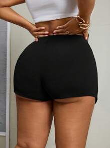 SHEIN PETITE CURVE Plus Size Women's Casual Solid Color Shorts, Spring/Summer - Black - View 2