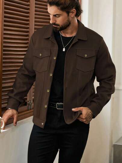 Manfinity Homme Abrigo corto casual para hombres, ropa exterior, chaqueta de otoño para hombres en color marrón, chaqueta casual para hombres, otoño/invierno