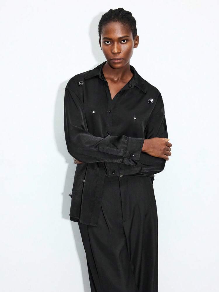 SHEIN Maija Fashionable & Versatile Sequin Decorated Satin Shirt Modern Urban Casual Fashion Business Casual Women's Office Wear Low-Key Old Money Style Effortless Temperament High-End Urban Commuting High-Quality Airport Women's Wear High-End Material Modern Party Shiny Fashion Party Gathering Essential Sparkling Sequins Blouse