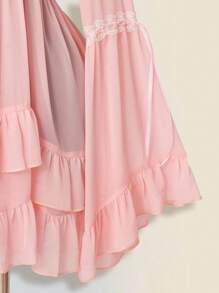 SHEIN ICON 层叠荷叶边 V 领蕾丝边喇叭袖迷你连衣裙 - 粉色 - 查看 3