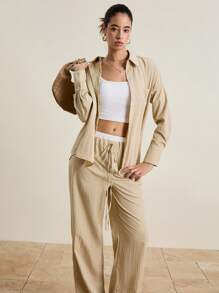 INAWLY 2pcs Women Casual Shirt & Pants Set, Suitable For Commuting And Leisure Wear In Early Autumn - Khaki - View 5
