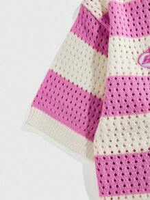 ROMWE MEN Prep Men's Contrast Stripe & Numeric Embroidery Knit Polo Shirt - Pink - View 4