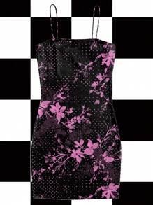 Warp Atelie 女式花卉波尔卡圆点印花修身时尚吊带迷你连衣裙 Y2K 2000 年代返校季