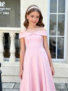 SHEIN Serisse Kids Girlism Tween 女孩纯粉色针织露肩收腰 A 字连衣裙，复古优雅，适合节日、派对、情人节、婚礼