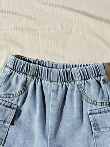 SHEIN Playful Pals 2pcs/Set Infant/Baby Boys Casual Outfit, Including 1pc White Hoodie Knit Letter Print Sleeveless Pocket Vest + 1pc Blue Elastic Waist Pocket Denim Shorts, Suitable For Casual, Sports, Daily Wear, Outings, Travel,Red Hooded Knitted Baby Boys Hoodie Co-Ord With Letter Print And Pocket Detail, Baby Boy Clothes Fall Winter - Red - View 6