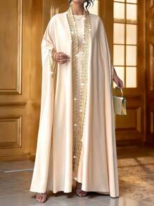 Elenzga 2 件套大码女士大码薄夹克和极简主义连衣裙，带金色花卉装饰，6 月上市 - 杏色 - 查看 8