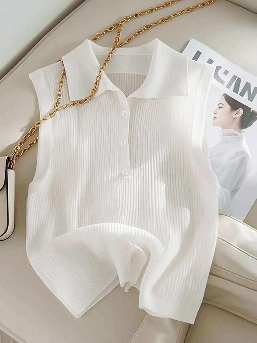 Franclia Nueva camiseta sin mangas de punto con cuello polo de ajuste ceñido para mujer, suéter de punto blanco para la universidad - Blanco - Ver 1