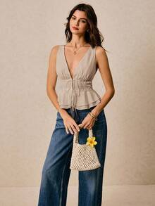 Poéselle Áo cánh không tay cổ chữ V tối giản màu trơn dành cho nữ, mặc thường ngày - Màu Khaki - Xem 5