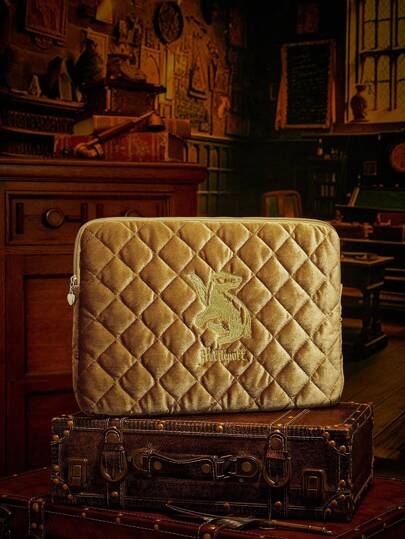 HARRY POTTER X SHEIN 复古时尚棕色天鹅绒钻石刺绣笔记本电脑包，大容量，适合通勤和办公使用