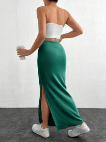 EURMUSE Women Solid Color Slit Detailed Tube Skirt - Green - View 2