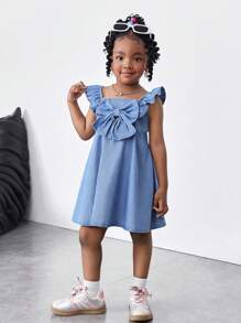 SHEIN Rochie scurtă drăguță din denim albastru pentru fete tinere, cu decorațiuni cu funde mari pe față și mâneci cu frunze de lotus, ținută boho casual de primăvară și vară, pentru vacanță la țară - Spălare ușoară - Vizualizare 6