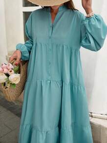Vestido casual de manga larga con cuello calado y dobladillo con volantes de unicolor - verde menta - Ver 5