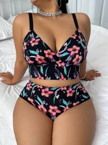 SHEIN 2件大码蕾丝拼接豹纹无钢圈文胸套装 - 彩色 - 查看 1