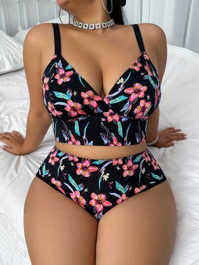 SHEIN Set de 2 sujetadores inalámbricos con encaje y estampado de leopardo para tallas grandes