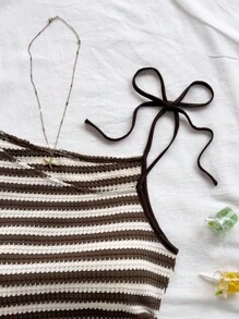 Soleia 女式度假红白条纹针织不对称领口修身上衣，适合派对、圣诞节、约会、海滩、巡游、狂欢节、夏季条纹背心针织背心夏季针织上衣女式夏季上衣女式针织上衣 - 彩色 - 查看 8