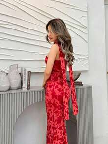 xheJemour Vestido de ajuste entallado con estampado de malla tejida para mujerxhe - Rojo - Ver 4