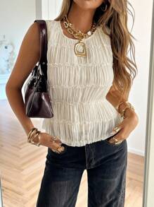 Siren Gaze 女士纯色蕾丝边褶皱圆领吊带背心，纯色圆领褶皱上衣，锐舞派对装扮，伊比沙岛装扮，外出上衣，多层荷叶边上衣，褶皱上衣，收腰上衣，荷叶边上衣，夏季 - 杏色 - 查看 3