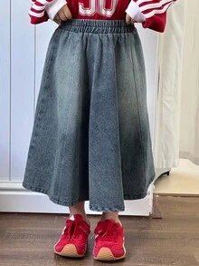 Dazy Kids 女童休闲时尚长款牛仔裙 - 中等水洗藍 - 查看 6