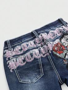 Betty Boop | ROMWE Y2K Retro Distressed Betty Embroidery Tight Super Low Waist Flare Jeans For Women - Blue - View 4