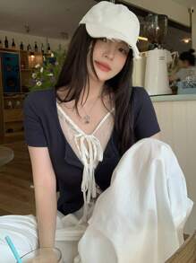 DAZY Áo khoác cardigan ren hở vai 2 trong 1 màu tương phản mùa hè dành cho nữ, cổ khoét sâu, buộc dây, buộc ren, áo crop top - Màu xanh hải quân - Xem 4