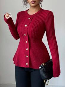 Elenzga Damen Neuer Herbst/Winter Rundhals Pullover mit Metallknopf Dekor, Rüschen-Saum, eleganter Slim Fit, vielseitig für Dates - Bordeaux - Übersicht 6