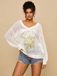 SHEIN VCAY Suéter de punto con estampado de limón y calado, ropa de otoño e invierno para mujer de talla grande - Beis - Ver 7