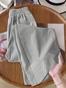 Rusticease Women's Casual Everyday Versatile Commute Striped Print Elastic Waist Loose Wide Leg Pants Striped Pants Elastic Waist Pants Linen Pants Pinstripe Pants Straight Leg Pants,Fall