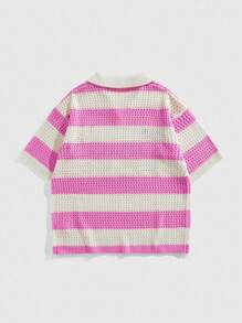 ROMWE MEN Prep Camisa polo de punto jacquard a rayas para hombre - Rosa - Ver 3