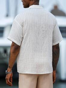 Manfinity Homme Men's Casual Striped Front Button Short Sleeve Shirt, Off-White Summer Breathable Linen Shirt With Pocket Design, Vacation Holiday Beach Shirt - White - View 3