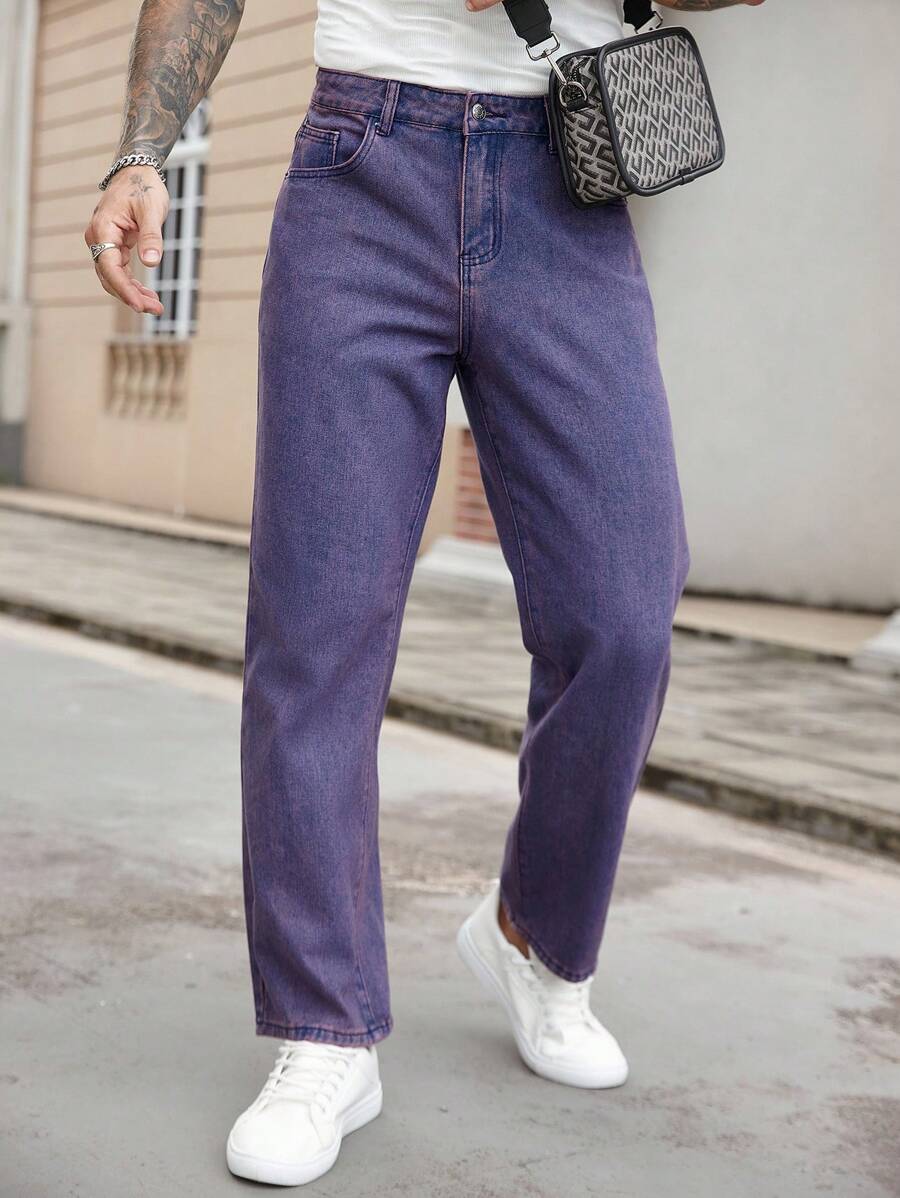 Manfinity Homme Quần Jeans Nam Túi Xiên Chất Liệu Cotton Trơn Màu Trơn Dáng Rộng - Màu tím - Xem 1