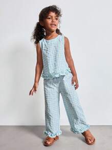 SHEIN Young Girl Plaid Print Round Neck Sleeveless Top And Pants Casual Suit - Multicolor - View 5