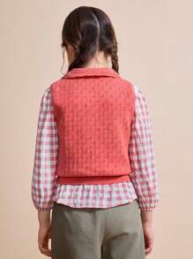 SHEIN Young Girl Casual Daily Simple Solid Color Shell Trim Lapel Sleeveless Button Front Cardigan, Autumn Fall Winter - Orange - View 2