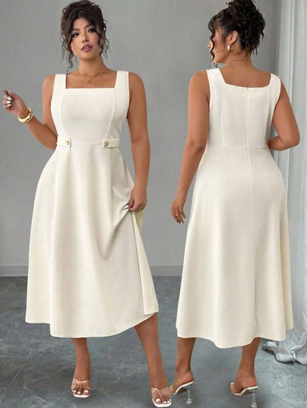 Elenzga Plus Size Women Elegant Square Neck Cinched Waist A-Line Sleeveless Dress