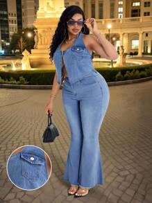 Slaydiva Chaqueta vaquera sin mangas con abertura alta para mujer de talla grande, sexy e inelástica para otoño - Azul - Ver 1