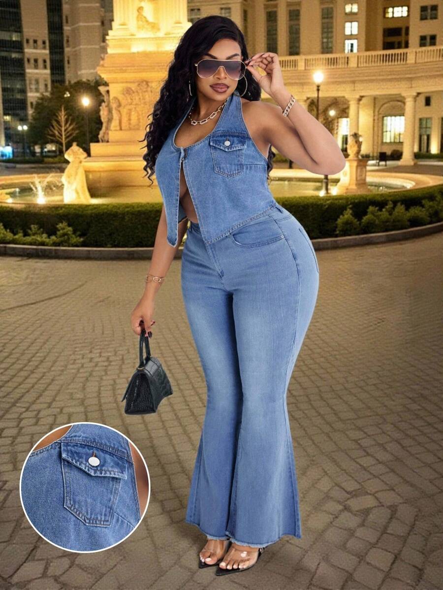 Slaydiva Chaqueta vaquera sin mangas con abertura alta para mujer de talla grande, sexy e inelástica para otoño - Azul - Ver 1