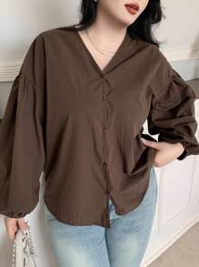 Dazy Plus 大码女式休闲V领灯笼袖宽松长袖衬衫，春秋季 - 棕色 - 查看 7