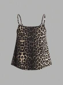 SHEIN EZwear 3 件套黑色豹纹卡其色女式可调节肩带宽松褶皱吊带背心，适合春夏季 - 彩色 - 查看 8