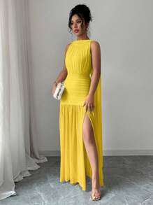Selianne Women's Solid Color Sleeveless Backless Fitted Slit Dress - Yellow - View 6