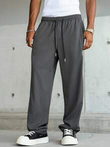 Manfinity Hypemode 男士休闲拼色抽绳腰宽松裤，侧条纹，拉链口袋设计，纯色长款宽松运动裤，送给丈夫、男朋友的理想礼物