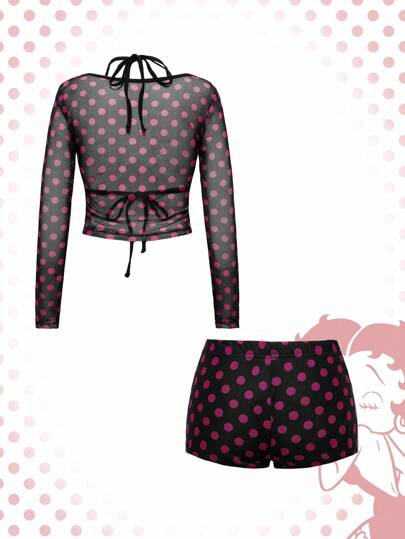 Betty Boop | ROMWE 2 pièces Ensemble Top à manches longues et short avec motif à pois et strass pour femmes