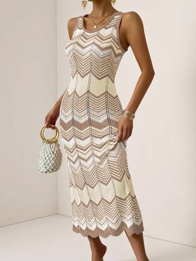 Vesra All-Over Pattern Contrast Color Crew Neck Elegant Sleeveless Sweater Dress