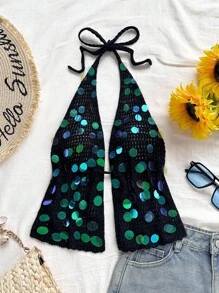 Soleia Sexy V-Ausschnitt Träger-Camisole mit rückenfreiem Bindebund und Fake-Schuppen-Dekor für Frauen, geeignet für Urlaub, Date, Nachmittagstee, Reise, Musikfestival, Boho-Stil, Küste, Strand, Sommer - Schwarz - Übersicht 4