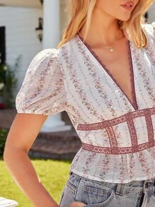 WESTFADE Floral Stripe V Neck Short Puff Sleeve Ruffle Hem Top Summer Beach Vacation Top For Women - Baby Pink - View 2