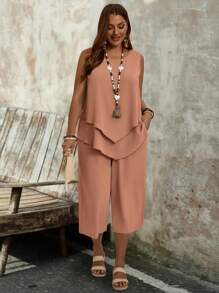 EMERY ROSE 大码女式简约绿色无袖上衣和七分裤两件套 - 珊瑚粉 - 查看 3